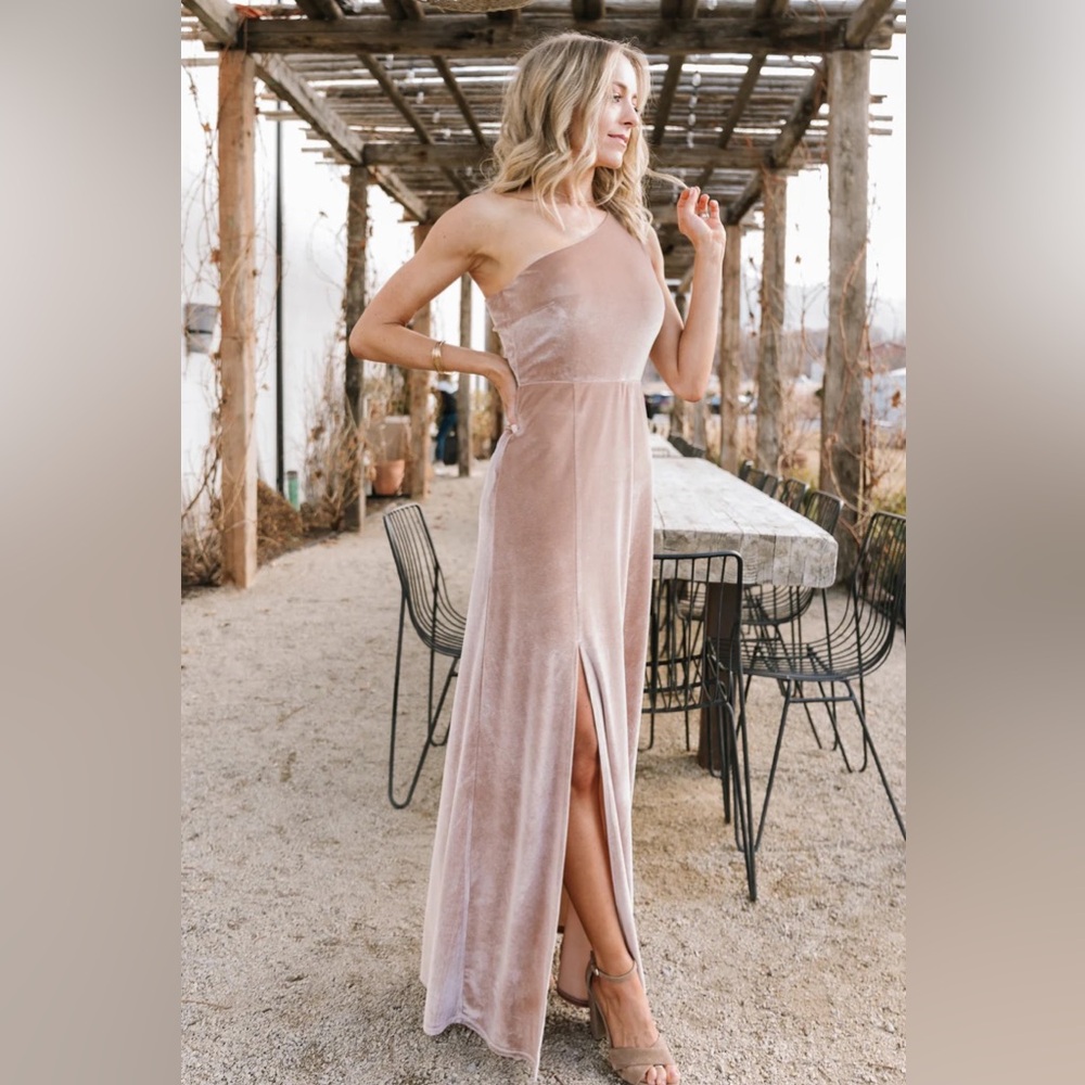Tatiana velvet one shoulder maxi dress in champagne brans new